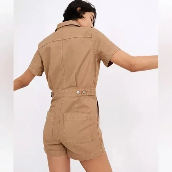 Madewell Garment Dyed Relaxed Coverall Shorts Jumpsuit Khaki Tan Size S